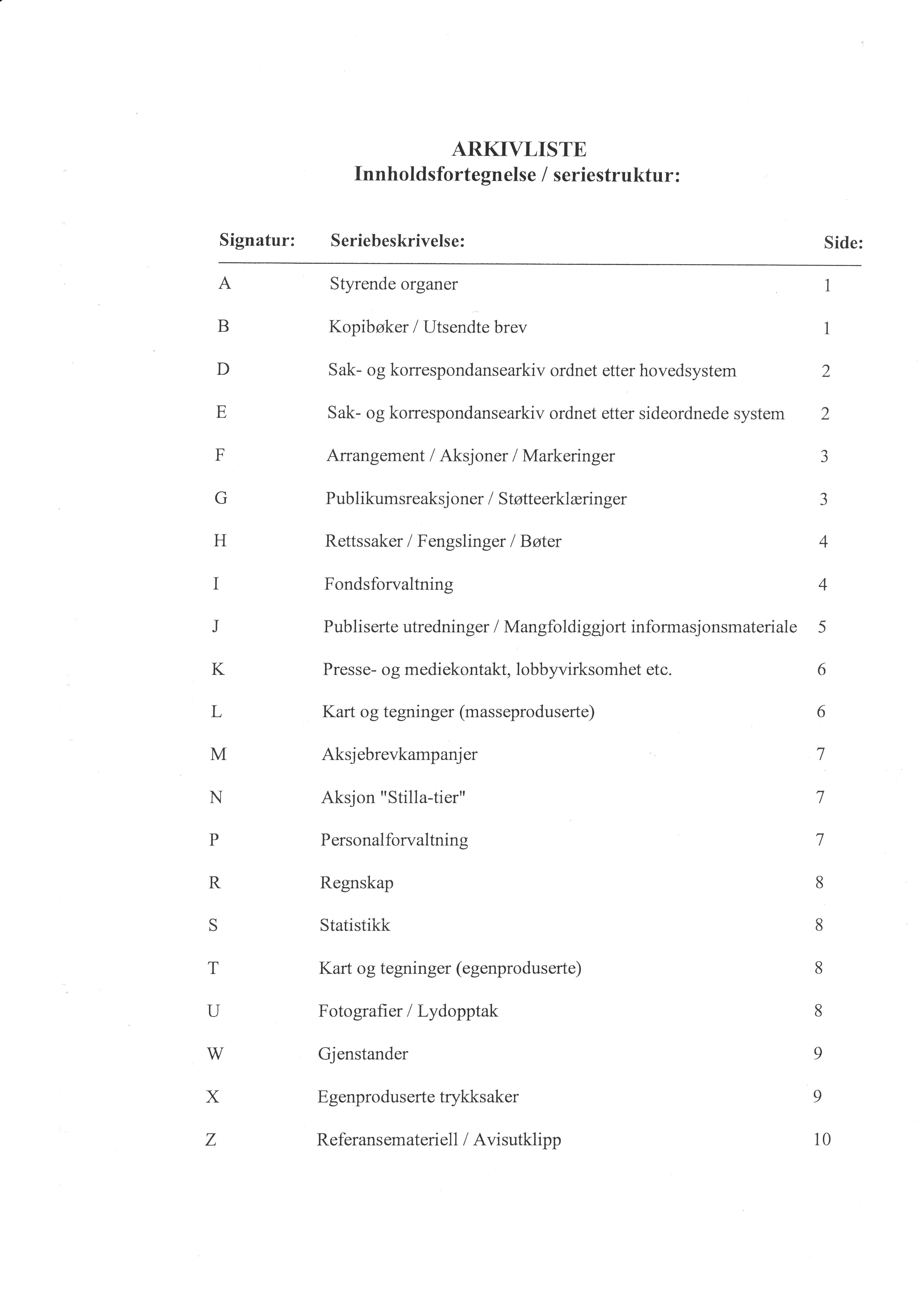 ARKIVLISTE Innholdsfortegnelse / seriestruktur : Signatur: A Seriebeskrivelse: Styrende organer Side: I B D E F G H I J K L M N P R Kopibøker / Utserrai" brev 1 Sak og korrespondansearkiv ordnet