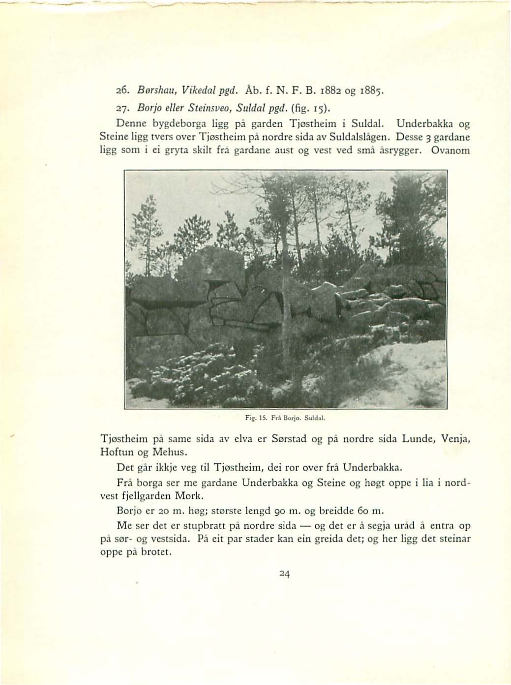 26. Borshaa, Vikedal pgd. Ab. f. N. F. B. 1882 og 1885. 27. Borjo eiler Steinsveo, Suldal pgd. (fig. 15). Dennc bygdeborga ligg pa garden Tjostheim i Suld.il. Underbakka og Slcine Hgg tvers over Tjostheim pa nordre sida av Suldalslagen.