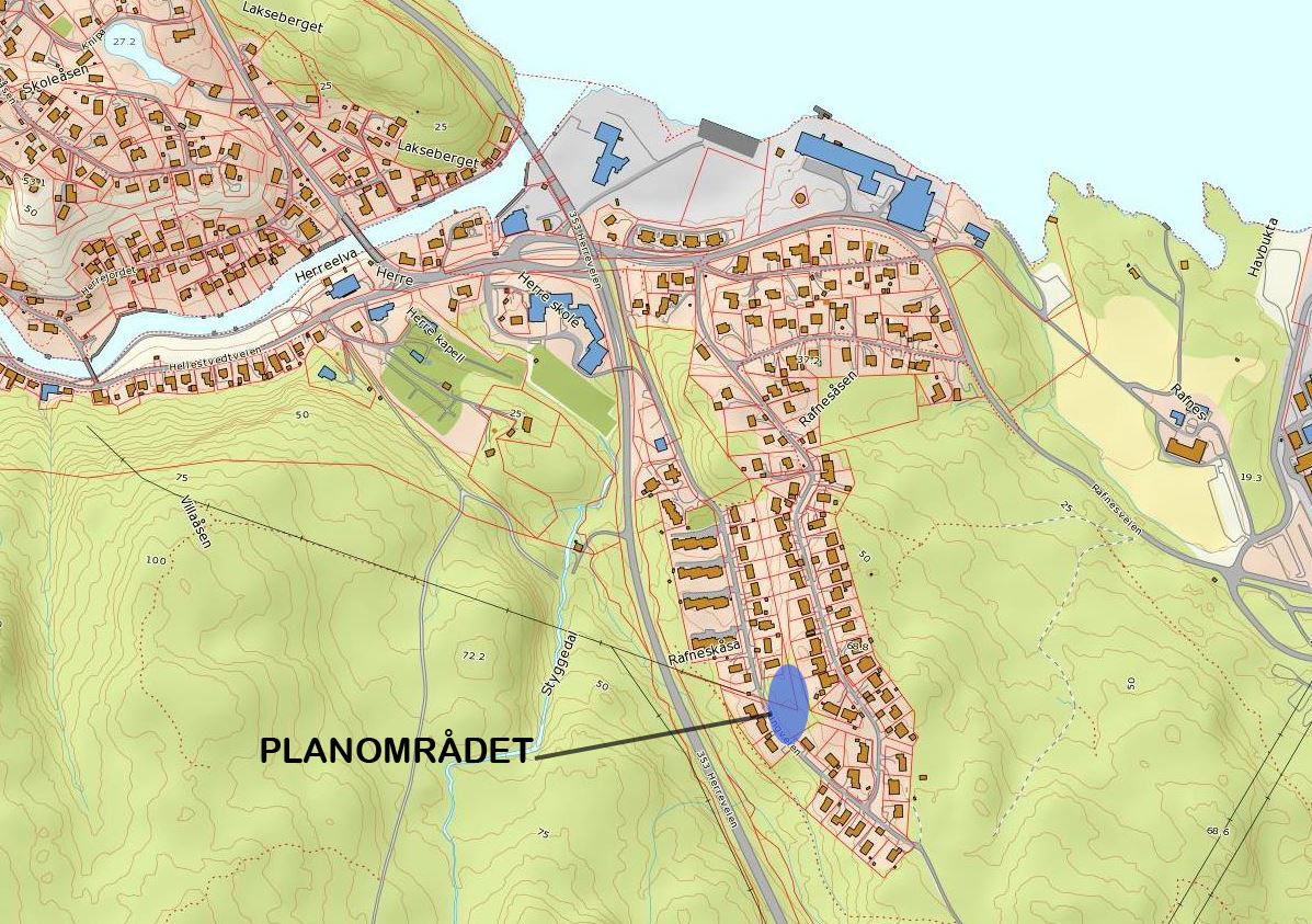 3. BESKRIVELSE AV PLANOMRÅDET 3.1. Beliggenhet i kommunen Planområdet ligger i Rafnesåsen på Herre. Figur 4. Planområdets beliggenhet. 3.3. Eksisterende bebyggelse og bruk Det er ikke eksisterende bebyggelse i planområdet.