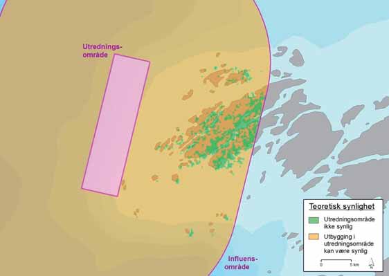 FIGUR 35-5: Teoretisk synlighet av et vindkraftverk på Nordøyan - Ytre Vikna innenfor et influensområde med radius 20 km. Kilde: Smith et al. (2012).