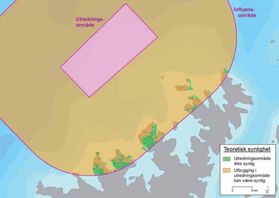 FIGUR 28-5: Teoretisk synlighet av et vindkraftverk i Sandskallen - Sørøya nord innenfor et influensområde med radius 20 km. Kilde: Smith et al. (2012).