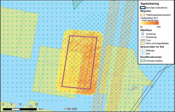 FIGUR 37-2: De viktigste kjente interessene i og rundt Stadthavet. Trafikktetthet er kun beregnet for utredningsområdet. Kildene for de ulike interessetemaene er listet i vedlegg G. 37.1 KRAFTPRODUKSJON, TEKNOLOGI OG KOSTNADER Sammenlignet med de andre utredningsområdene har Stadthavet gode vindforhold for kraftproduksjon.