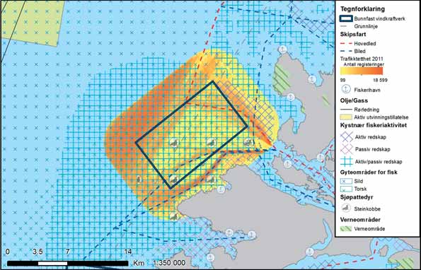 FIGUR 38-2: De viktigste kjente interessene i og rundt Olderveggen. Trafikktetthet er kun beregnet for utredningsområdet. Kildene for de ulike interessetemaene er listet i vedlegg G. 38.1 KRAFTPRODUKSJON, TEKNOLOGI OG KOSTNADER Sammenlignet med de andre utredningsområdene har Olderveggen gode vindforhold for kraftproduksjon.