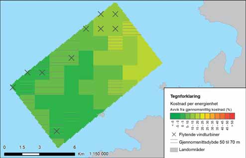 FIGUR 38-3: Variasjon i energikostnader i Olderveggen. Fargeskalaen viser avvik fra gjennomsnittlig kostnad for alle utredningsområdene.