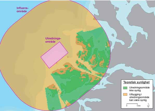 FIGUR 38-5: Teoretisk synlighet av et vindkraftverk på Olderveggen innenfor et influensområde med radius 20 km. Kilde: Smith et al. (2012). (Smith et al., 2012).