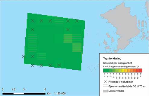 FIGUR 39-3: Variasjon i energikostnader i Frøyagrunnene. Fargeskalaen viser avvik fra gjennomsnittlig kostnad for alle utredningsområdene.