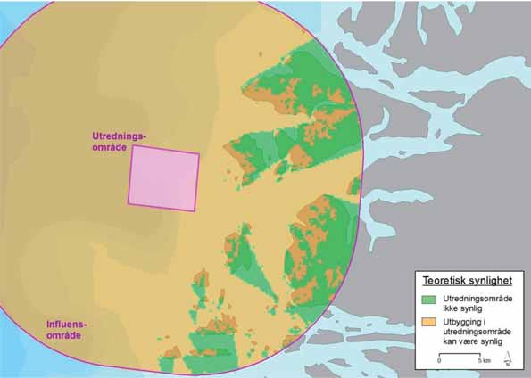 FIGUR 39-5: Teoretisk synlighet av et vindkraftverk på Frøyagrunnene innenfor et influensområde med radius 20 km. Kilde: Smith et al. (2012).