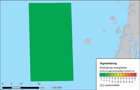 FIGUR 40-3: Variasjon i energikostnader i Utsira nord. Fargeskalaen viser avvik fra gjennomsnittlig kostnad for alle utredningsområdene.