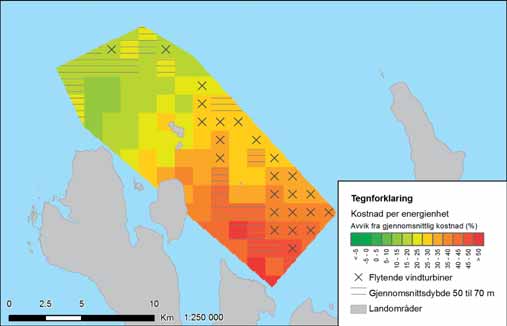 FIGUR 29-3: Energikostnader (kostnad per energienhet) for Vannøya nordøst. Fargeskalaen viser avvik fra gjennomsnittlig kostnad for alle utredningsområdene.