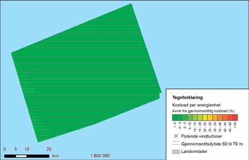 FIGUR 42-3: Variasjon i energikostnader i Sørlige Nordsjø II. Fargeskalaen viser avvik fra gjennomsnittlig kostnad for alle utredningsområdene.