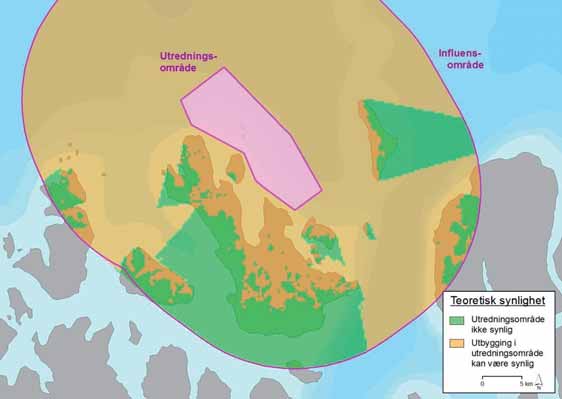 FIGUR 29-6: Teoretisk synlighet av et vindkraftverk på Vannøya nordøst innenfor et influensområde med radius 20 km. Kilde: Smith et al. (2012).