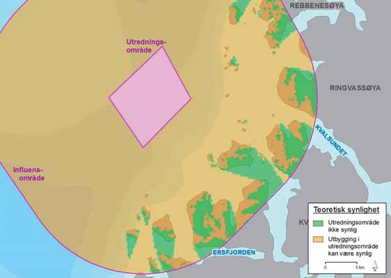 FIGUR 30-5: Teoretisk synlighet av et vindkraftverk i Auvær innenfor et influensområde med radius 20 km. Kilde: Smith et al. (2012).