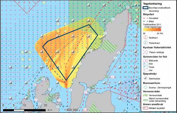 FIGUR 31-2: De viktigste kjente interessene i og rundt Nordmela. Trafikktetthet er kun beregnet for utredningsområdet. Kildene for de ulike interessetemaene er listet i vedlegg G. NORDMELA 31.