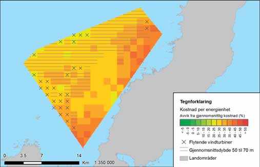 FIGUR 31-3: Variasjon i energikostnader i Nordmela. Fargeskalaen viser avvik fra gjennomsnittlig kostnad for alle utredningsområdene.