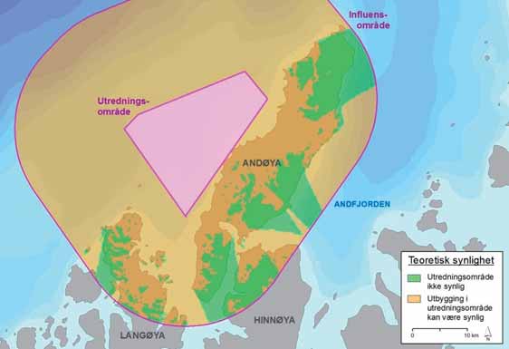 FIGUR 31-6: Teoretisk synlighet av et vindkraftverk på Nordmela innenfor et influensområde med radius 20 km. Kilde: Smith et al. (2012).