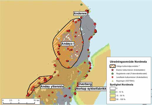 FIGUR 31-7: Kulturminneverdier på og synlighet av et vindkraftverk i Nordmela fra nordlige del av Andøya. Kilde: Os & Lindblom (2012). 31.11 KULTURMINNER Det er ikke kjente undersjøiske kulturminner innenfor planområdet (Os & Lindblom, 2012).