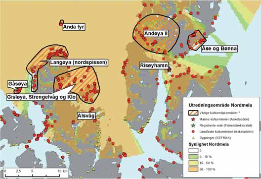 FIGUR 31-8: Kulturminneverdier på og synlighet av et vindkraftverk fra sørlige del av Andøya, Langøya, Gisløya, med mer. Kilde: Os & Lindblom (2012).