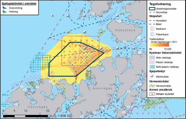 FIGUR 32-2: De viktigste kjente interessene i og rundt Gimsøy nord. Trafikktetthet er kun beregnet for utredningsområdet. Kildene for de ulike interessetemaene er listet i vedlegg G. GIMSØY NORD 32.