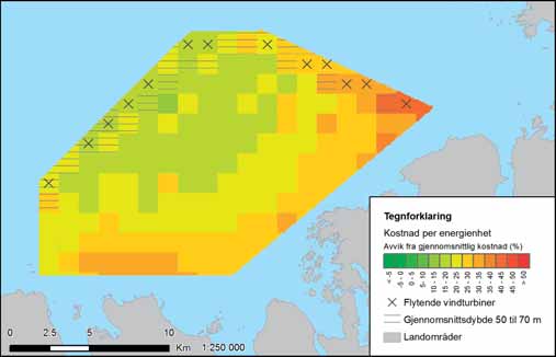 FIGUR 32-3: Variasjon i energikostnader i Gimsøy nord. Fargeskalaen viser avvik fra gjennomsnittlig kostnad for alle utredningsområdene.