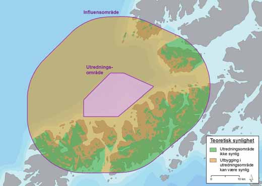 FIGUR 32-7: Teoretisk synlighet av et vindkraftverk på Gimsøy nord innenfor et influensområde med radius 20 km. Kilde: Smith et al. (2012).