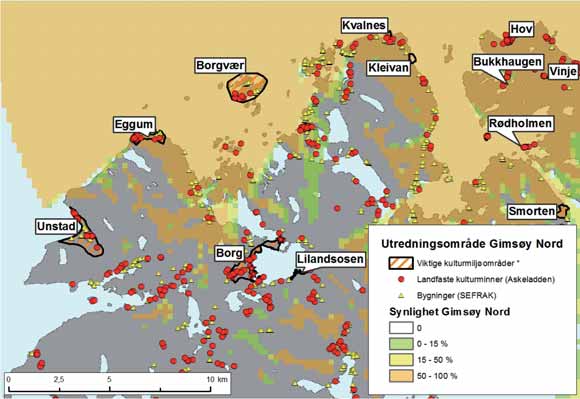 FIGUR 32-8: Synlighet av et havvindanlegg på Gimsøy nord og viktige kulturminner og kulturmiljø i Vestvågøy kommune. Kilde: Os & Lindblom (2012). *Nasjonalt eller regionalt viktige kulturminner. 32.11 KULTURMINNER Det er ingen registrerte kulturminner innenfor utredningsområdet.