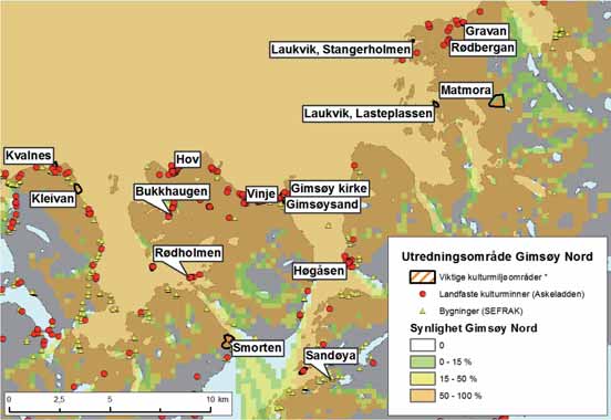 FIGUR 32-9: Synlighet av et havvindanlegg på Gimsøy nord og viktige kulturminner og kulturmiljø i