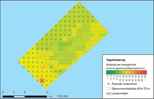 FIGUR 28-3: Variasjon i energikostnader i Sandskallen - Sørøya nord. Fargeskalaen viser avvik fra gjennomsnittlig kostnad for alle utredningsområdene.