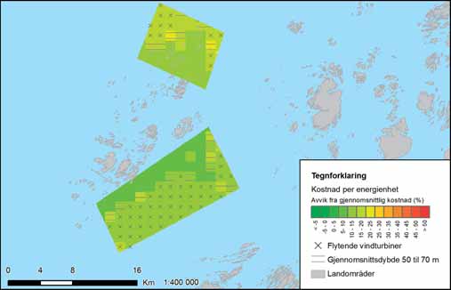 FIGUR 33-3: Variasjon i energikostnader i Trænafjorden - Selvær. Fargeskalaen viser avvik fra gjennomsnittlig kostnad for alle utredningsområdene.
