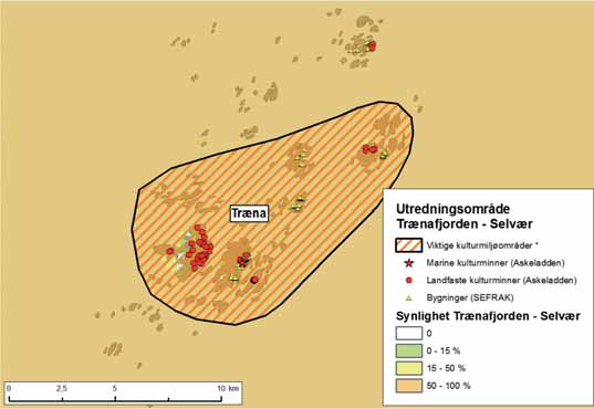 FIGUR 33-7: Synlighet av et havvindanlegg på Trænafjorden - Selvær og viktige kulturminner og kulturmiljø på Træna. Kilde: Os & Lindblom (2012). *Nasjonalt eller regionalt viktige kulturminner. 33.10 KULTURMINNER Det er ikke registrert kulturminner på land innenfor utredningsområdet og potensialet for funn anses å være begrenset.