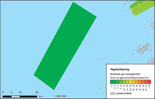 FIGUR 34-3: Variasjon i energikostnader i Træna vest. Fargeskalaen viser avvik fra gjennomsnittlig kostnad for alle utredningsområdene.