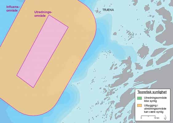 FIGUR 34-5: Teoretisk synlighet av et vindkraftverk på Træna vest innenfor et influensområde med radius 20 km. Kilde: Smith et al. (2012). 34.9 LANDSKAP OG FRILUFTSLIV Infl uensområdet inneholder ingen landområder av betydning og er lite brukt til friluftsliv.