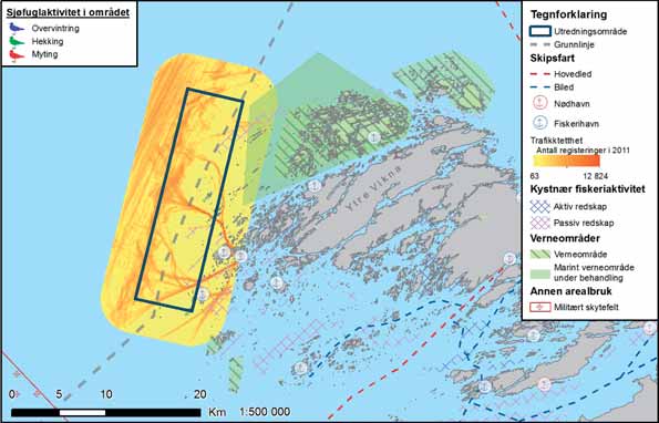 FIGUR 35-2: De viktigste kjente interessene i og rundt Nordøyan - Ytre Vikna. Trafikktetthet er kun beregnet for utredningsområdet. Kildene for de ulike interessetemaene er listet i vedlegg G.