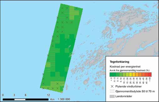 FIGUR 35-3: Variasjon i energikostnader i Nordøyan - Ytre Vikna. Fargeskalaen viser avvik fra gjennomsnittlig kostnad for alle utredningsområdene.