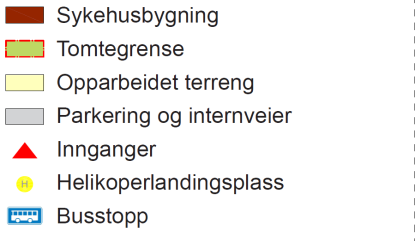 Sykehuset er lagt inn på en et naturlig platå i landskapet på ca 113 moh, med et nedre parkeringsnivå vist på 110 moh.