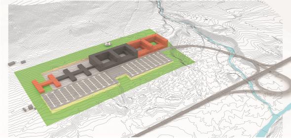 Byggbarhet Figur 22: Mulig utvidelse av sykehus på Roaldset vist med oransje. Tomtas størrelse, plassering og helning, fleksibilitet Sykehustomta ligger på ca 82 moh.