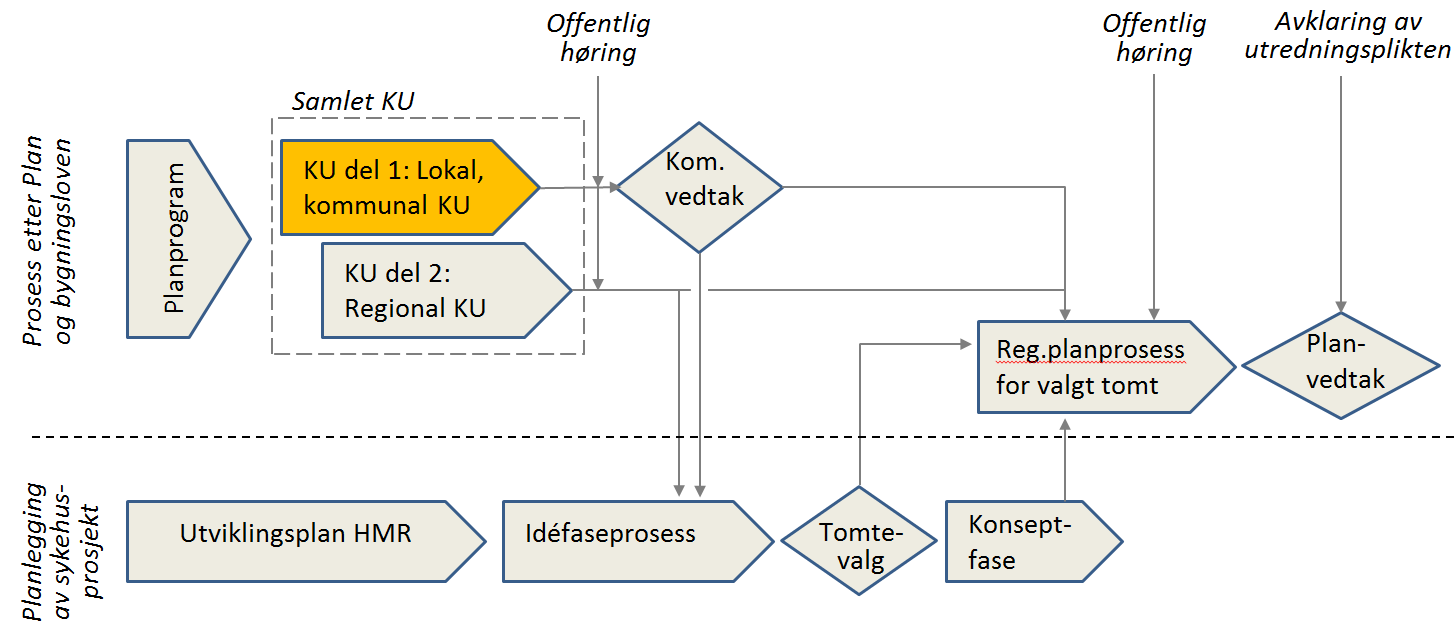 Figur 2. Oversikt over prosessen fram til planvedtak for valgt sykehustomt, skilt mellom prosessen etter Plan- og bygningsloven, og helseforetakets egne interne prosesser.