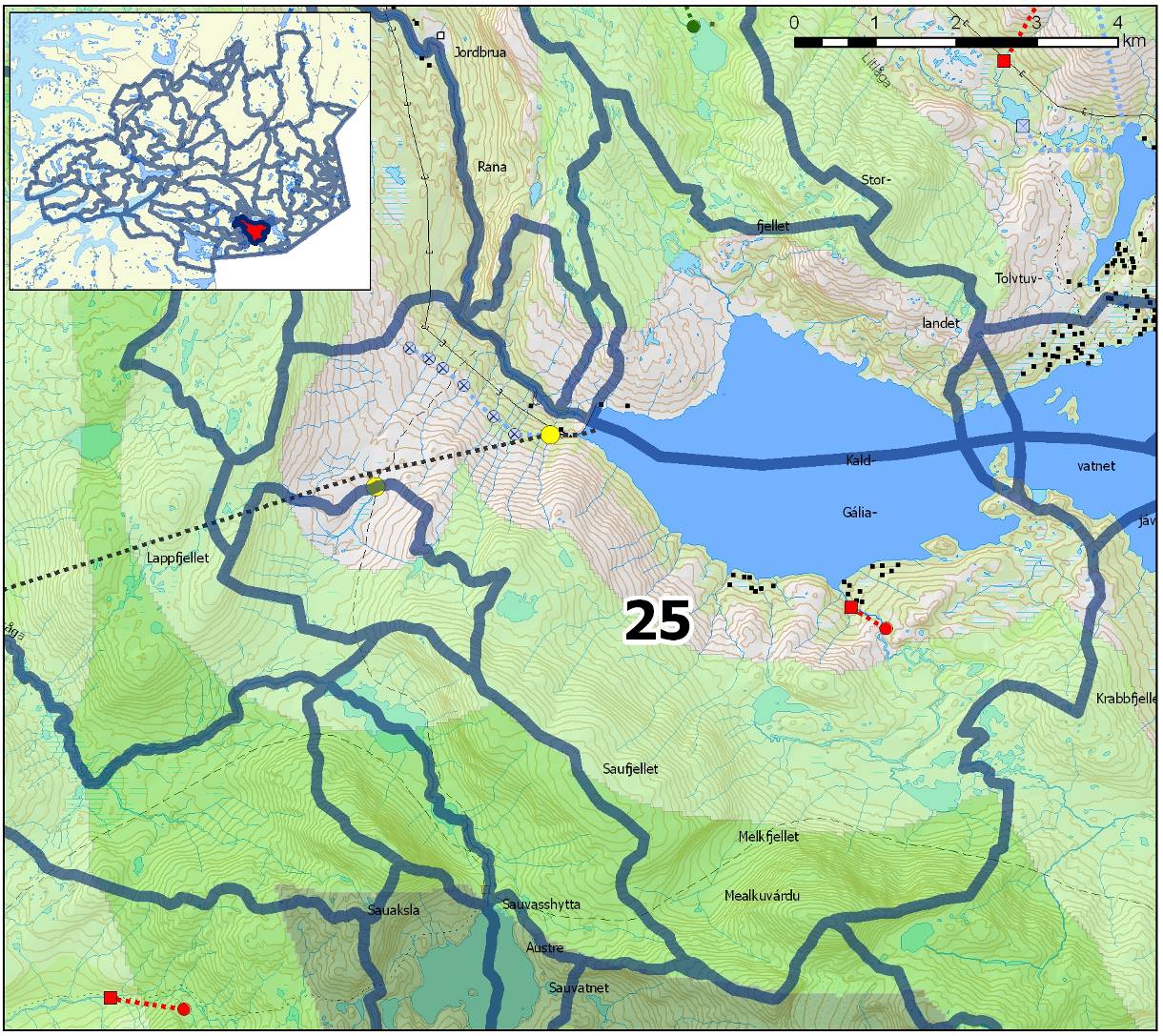 Delfelt nr: 25 Navn: Kaldvatnet Regine: 156.BB5A, 156.BB71, 156.BB7A, 156.BB7B, 156.BB72 og 156.