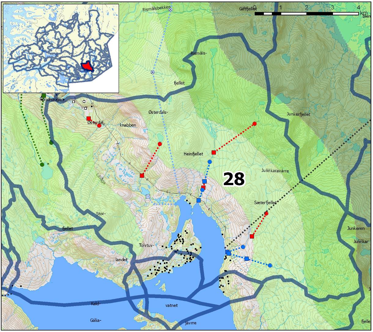 Delfelt nr: 28 Navn: Heinbergelva og Grønnfjellåga (øvre del) Regine: 156.DC og 156.BC6Z Kartutsnitt delfelt Planstatus Kommuneplan: Stort sett LNF-sone 1 hvor spredt bebyggelse ikke tillates.