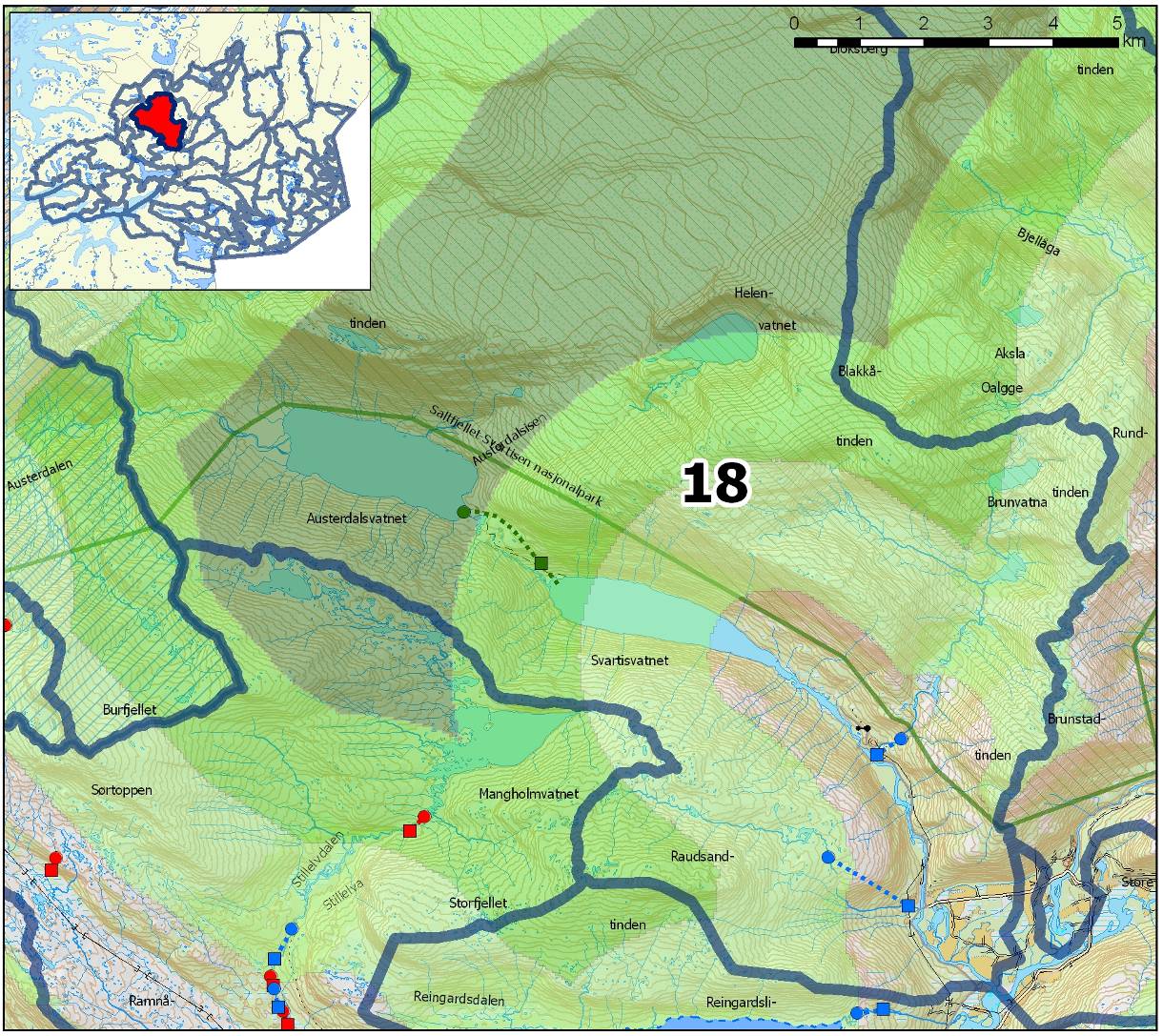 Delfelt nr: 18 Navn: Svartisåga Austerdalsvatnet Regine: 156.CAAA, 156.CAAB og 156.