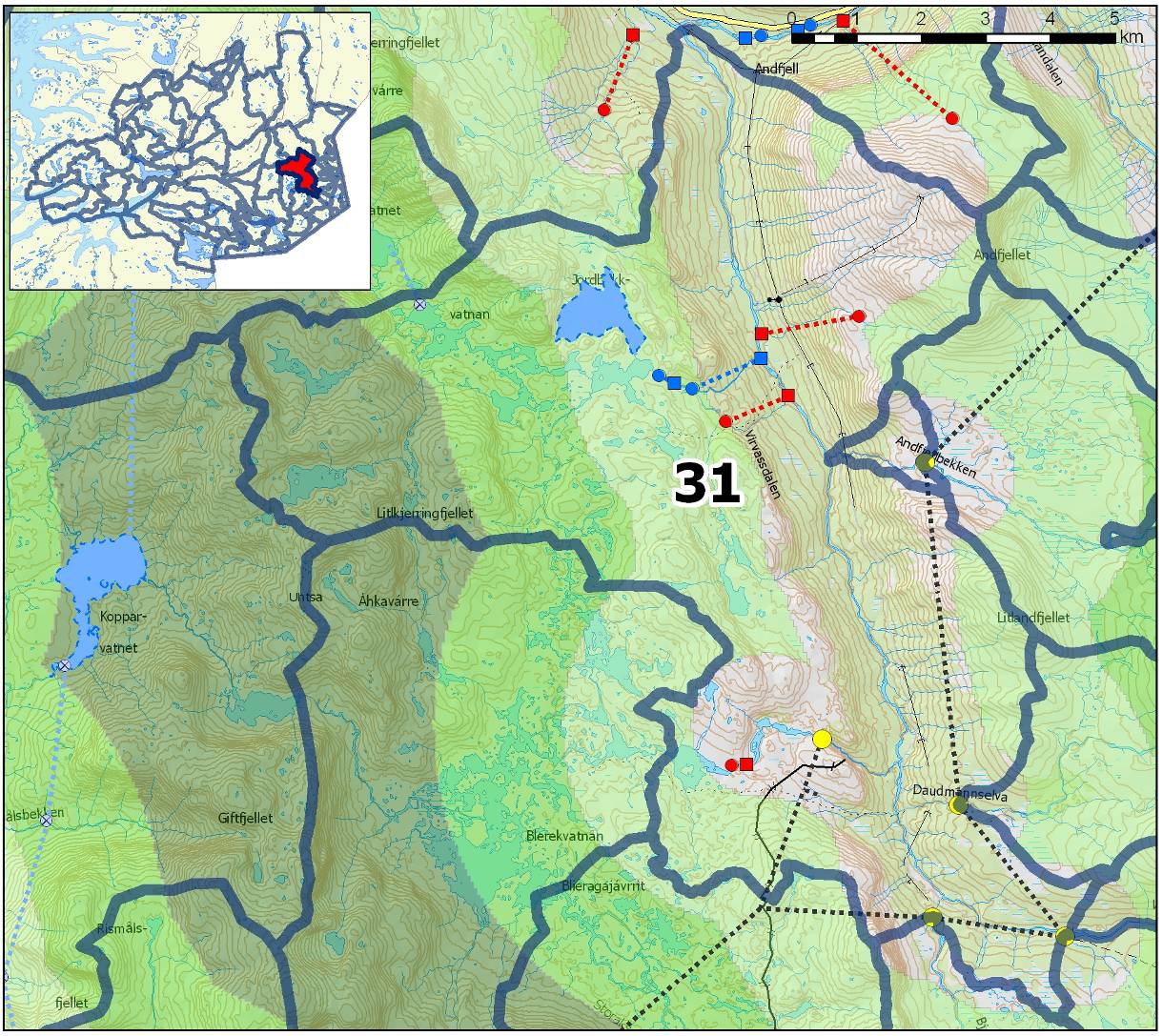 Delfelt nr: 31 Navn: Virvasselva Regine: 156.GA0 og 156.GB0 Kartutsnitt delfelt Planstatus Kommuneplan: Noe LNF-sone 2 nede ved utløpet av Virvasselva (Andfjell-Andfjellneset), ellers LNF-sone 1.