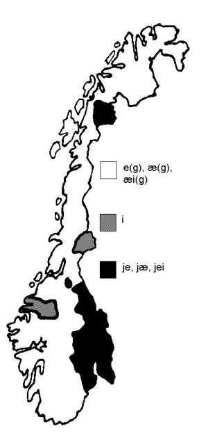 På Austlandet finst også dei noko meir sjeldne formene innte og ennte. I mange bymål og i Finnmark har dei forma ikke. E fedre på Østlandet totalt ulige di frå Sør-Vestlandet?