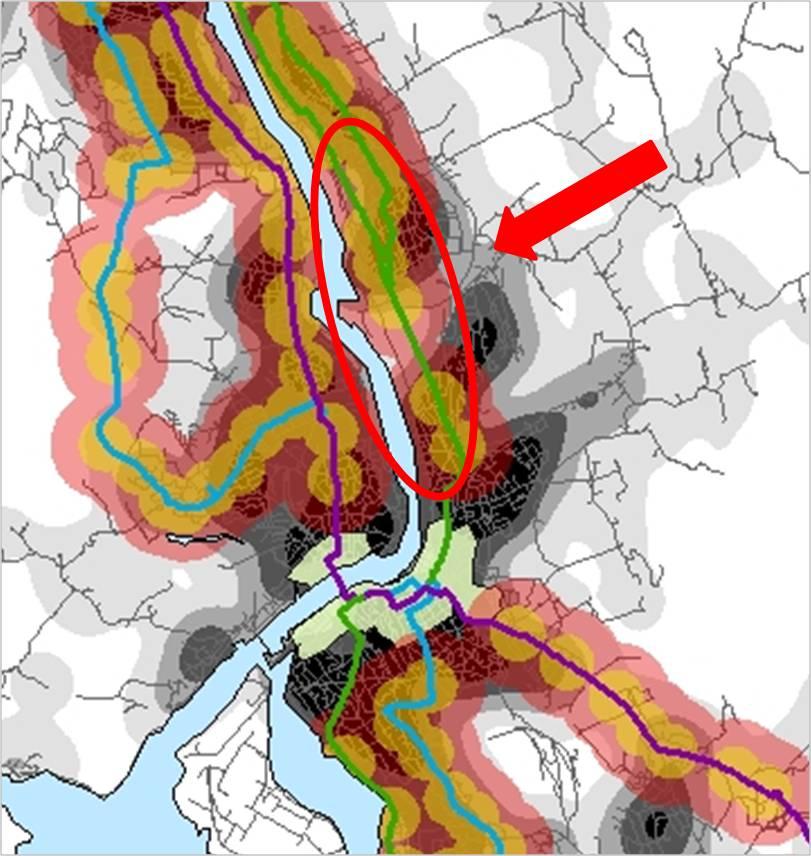 Figur 3 viser eksempel på et område nord for Porsgrunn sentrum med potensial for økt fortetting, næringsutvikling og mulighet for samordning av parkeringsanlegg og kollektivholdeplass.