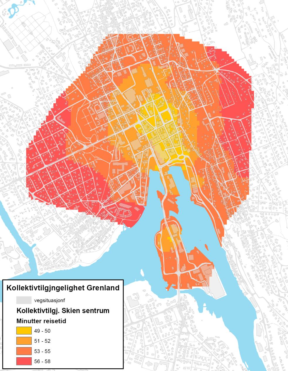 Kartene viser tilgjengelighetsfrofilen for kollektivtrafikk i Porsgrunn og Skien sentrum.