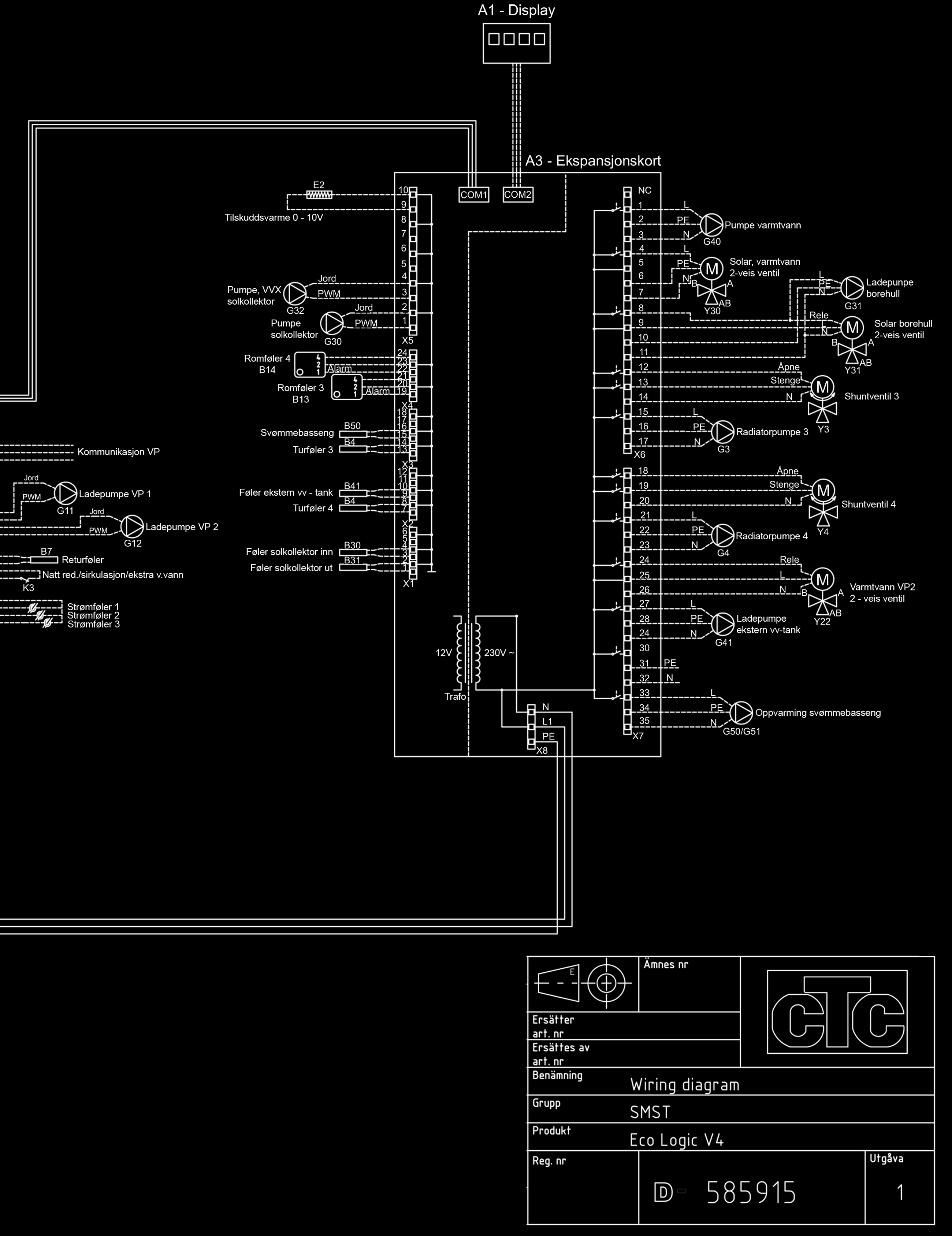 Radiatorpumpe 3 (G3), utvidelseskort X6* Fase: pol 15 Null: pol 17 Jord: pol 16 Radiatorpumpe 4 (G4), utvidelseskort X7* Fase: pol 21 Null: pol 23 Jord: pol 22 Kontroller at pumpen er riktig