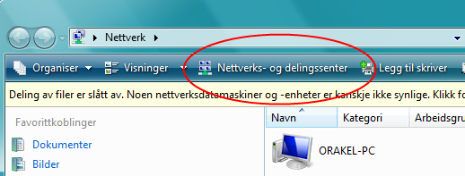 Klikk på Nettverks- og delingssenter øverst i