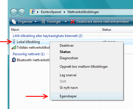 Høyreklikk på Lokal tilkobling og velg Egenskaper