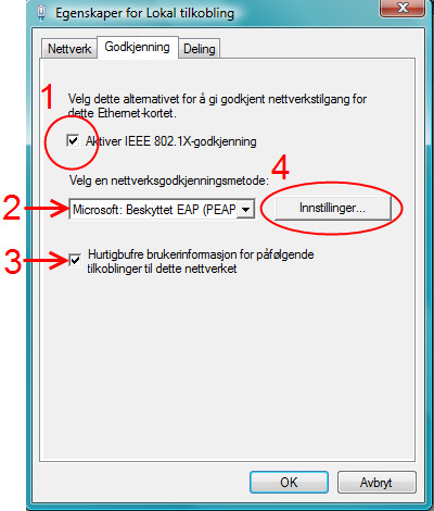 1. Kryss av for Aktiver IEEE 802.1X-godkjenning 2. Sjekk at Godkjenningsmetoden er Beskyttet EAP (PEAP) 3. Kryss av for Hurtigbufre brukerinformasjon for påfølgende. 4.