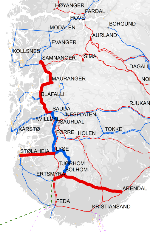 13: Spenningsoppgradere fra Sauda til Lyse, drifte på 300 kv Spenningsoppgradere til 420 kv fra Sauda til Samnanger (se kapittel 5.