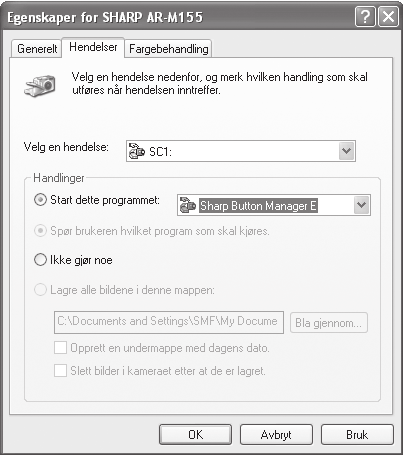 INSTALLASJON AV PROGRAMVAREN 5 Velg "Start dette programmet" og deretter "Sharp Button Manager T" i rullegardinmenyen. Egenskaper for SHARP AR-XXXX 6 Klikk på "Bruk"-knappen.