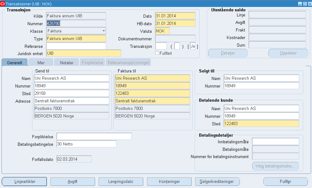 6 Fullføre faktura Gå tilbake til Transaksjonsbildet og Trykk fullfør Fakturaen er nå ferdig laget. NB!